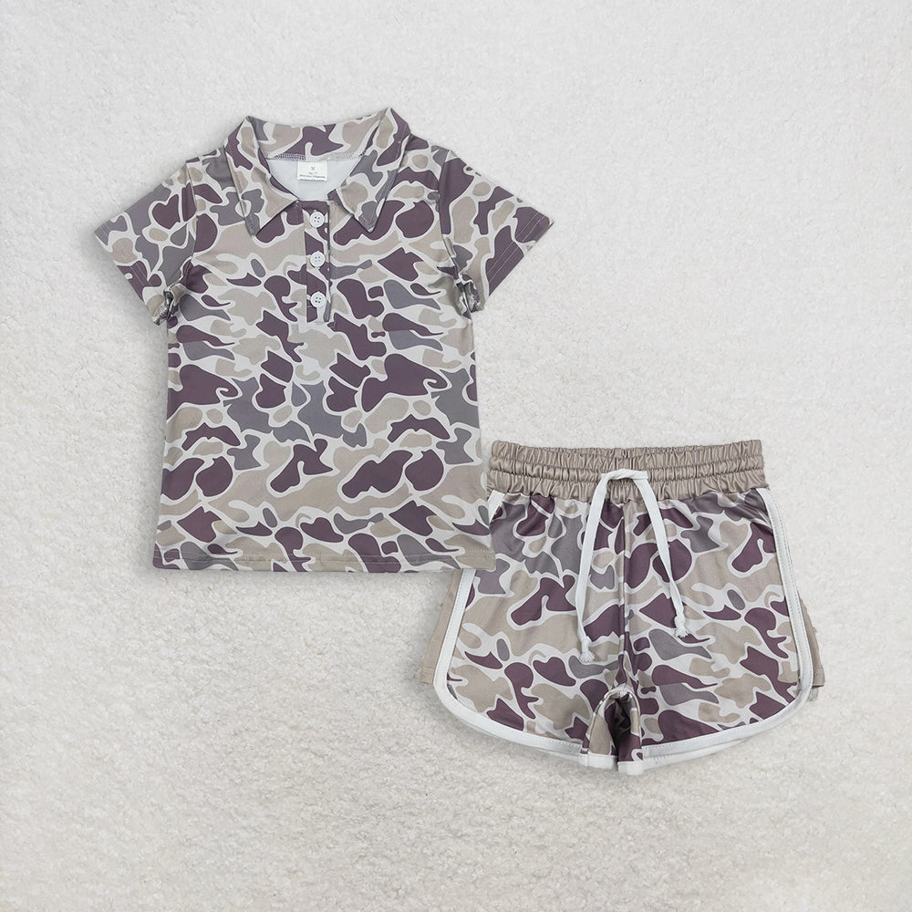 RTS NO MOQ BT1211+SS0738 Baby Boys Short Sleeves Button Gray Camo Polo Shirts Tops And Grey Camo Shorts Bottom Set