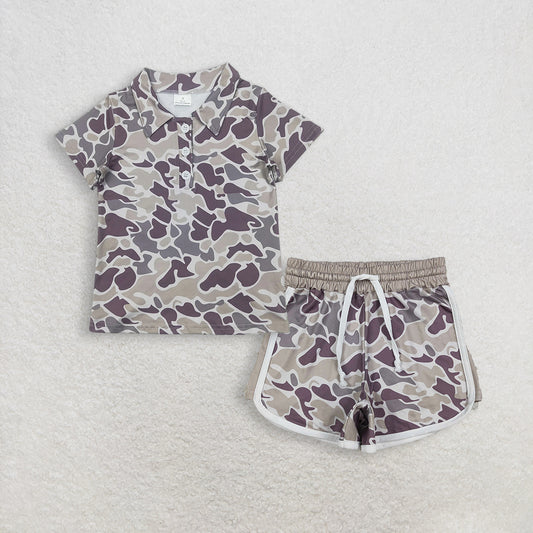 RTS NO MOQ BT1211+SS0738 Baby Boys Short Sleeves Button Gray Camo Polo Shirts Tops And Grey Camo Shorts Bottom Set