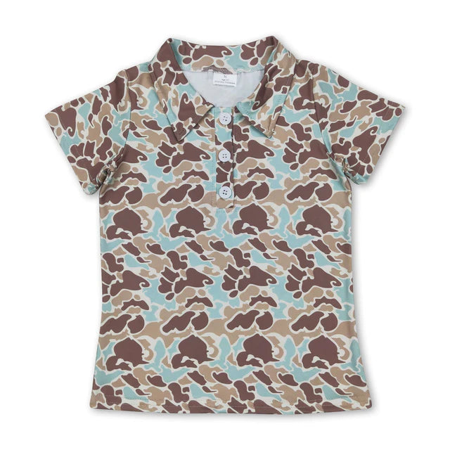 RTS NO MOQ Sibling milk silk Baby Boys Short Sleeve Hunting Camo Button Polo Shirts Top
