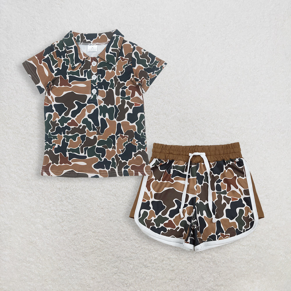 RTS NO MOQ BT1213+SS0742 Baby Boys Short Sleeves Button Olive Camo Polo Shirts Tops with Matching Camo Shorts Set