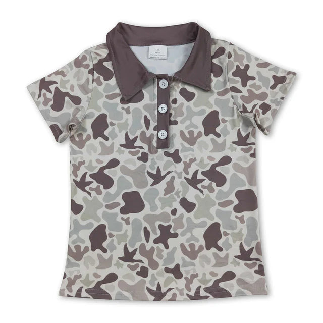 RTS NO MOQ Sibling milk silk Baby Boys Short Sleeve Hunting Camo Button Polo Shirts Top