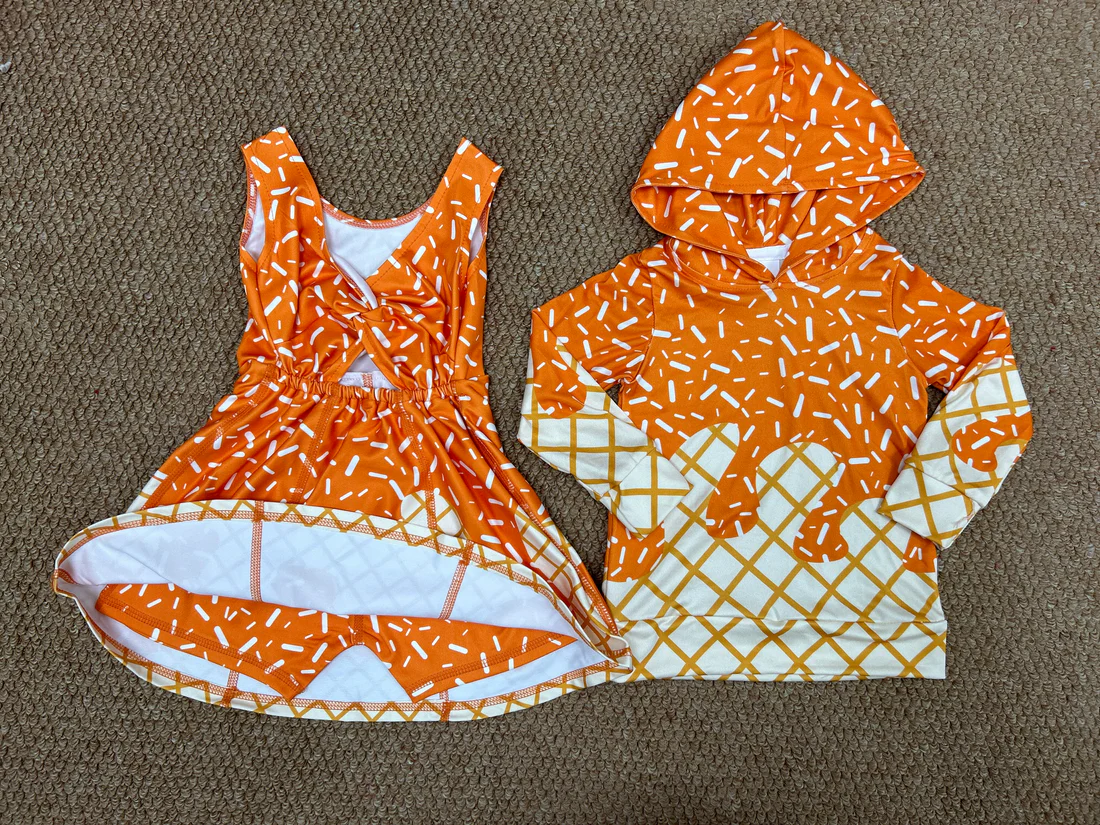 RTS Sibling baby boy girl clothes team ice cream hooded long Sleeve tops and yoga dress