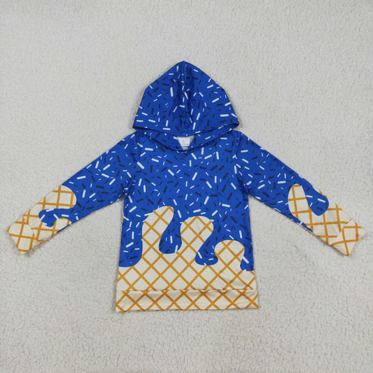 RTS NO MOQ（In Stock) BT1275 Waffle Ice Cream Royal Blue Hooded Long Sleeve Top