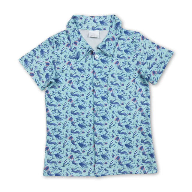 RTS NO MOQ milk silk BT1296+SS0623 Baby Boys Short Sleeves Blue Flowers Button Shirts Top Set