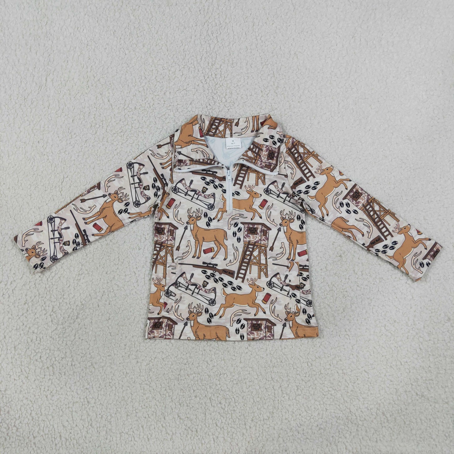 NEW RTS NO MOQ milk silk BT1397 Baby Boys Khaki Long Sleeve Deer Hunting Pockets Zip Pullovers Top Fall Outdoor Top