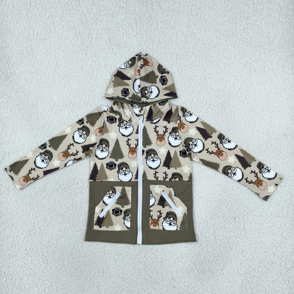 NEW RTS NO MOQ milk silk BT1328 Baby Boys Christmas Santa Deer Zipper Pockets Long Sleeve Hoodie Casual Jacket Top