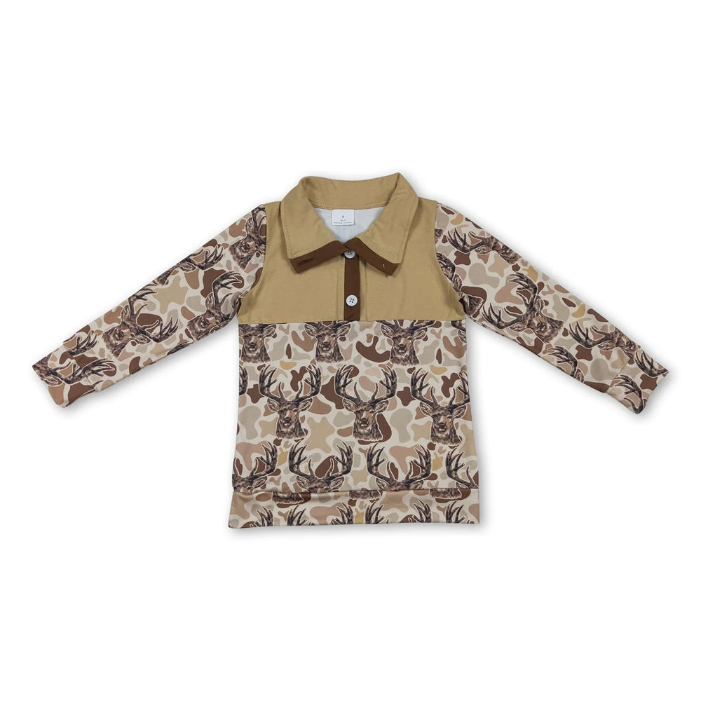 RTS NO MOQ Sibling milk silk Baby Boys Camo Deer Print Long Sleeve Collared Shirt