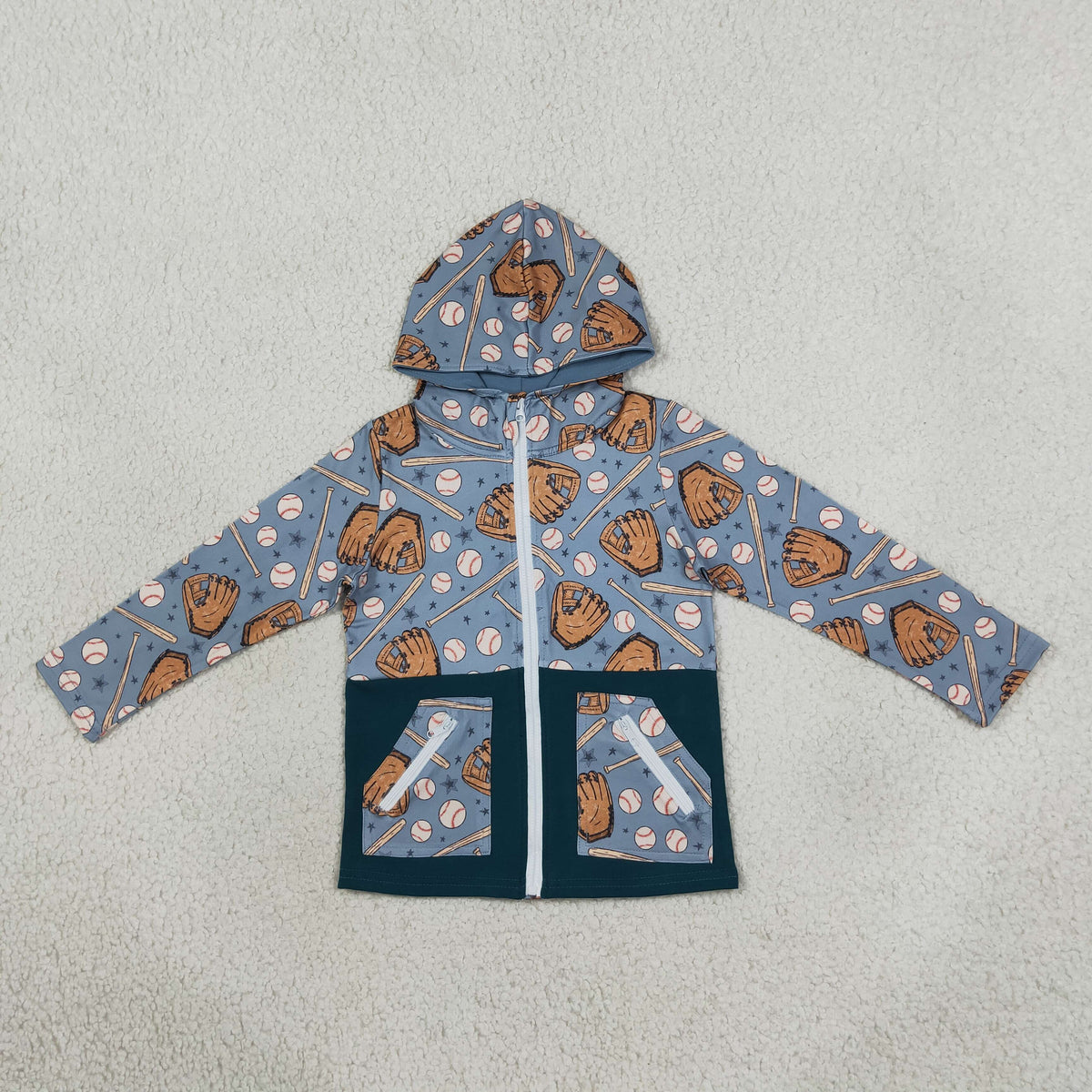 NEW RTS NO MOQ milk silk BT1342 Baby Boys Baseballs Stars Print Pocket Zipper Team Hoodies Top
