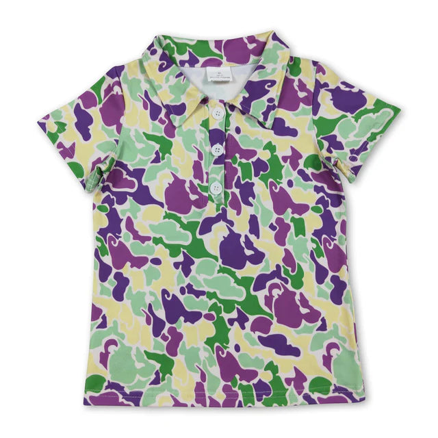 RTS NO MOQ Sibling milk silk Baby Boys Short Sleeve Hunting Camo Button Polo Shirts Top