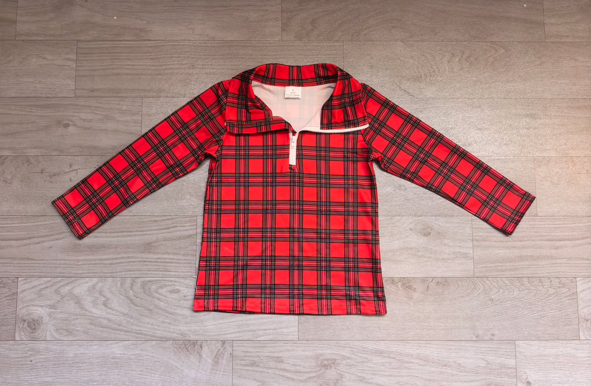 (Sample) No moq milk silk BT1350 Baby Boys Red Green Checked Long Sleeve Christmas Zipper Pullovers Top