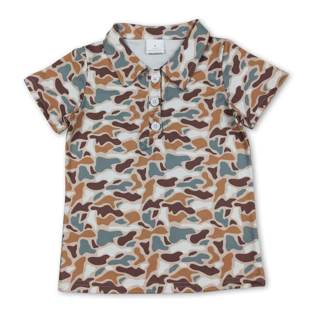 RTS NO MOQ Sibling milk silk Baby Boys Short Sleeve Camo Button Polo Shirts Casual Top