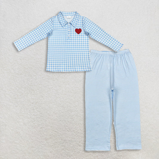 RTS NO MOQ Sibling baby boy clothes Embroidered valentine love long-sleeved top striped trousers sets and top and pants