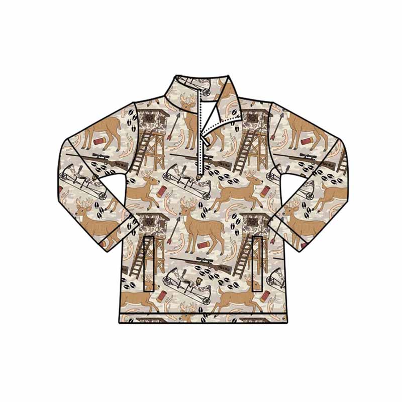 (Pre Order) No moq BT1397 Baby Boys Khaki Hunting Deer Print Long Sleeve Zip Pocket Pullover Top