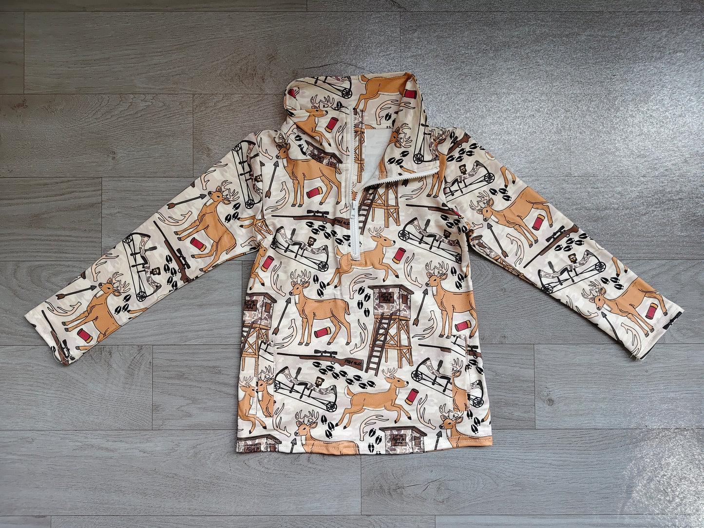 (Sample) No moq milk silk BT1397 Baby Boys Khaki Hunting Deer Print Long Sleeve Zip Pocket Pullover Top