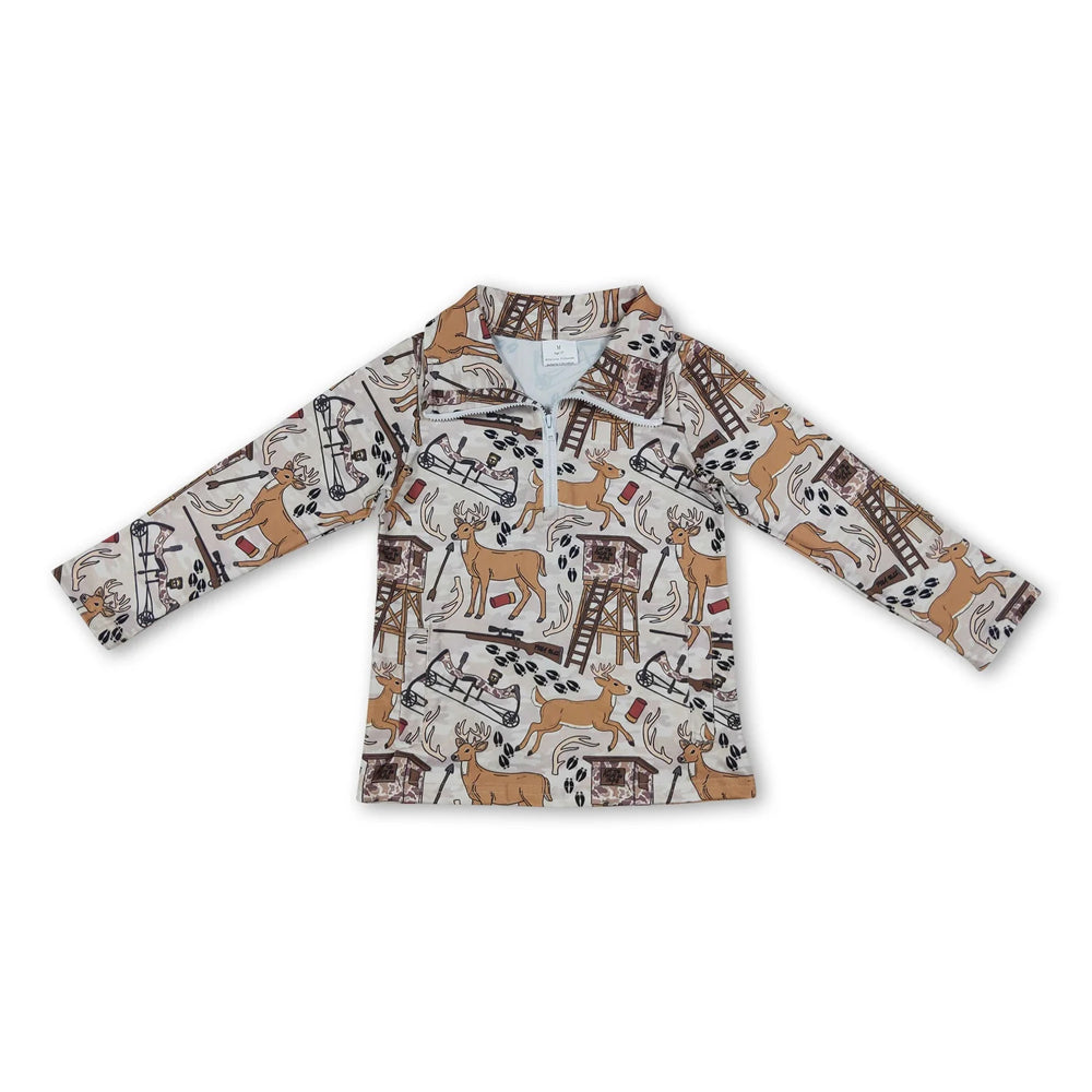 RTS NO MOQ Sibling milk silk Baby Boys Camo Deer Print Half Zip Collared Long Sleeve Shirt