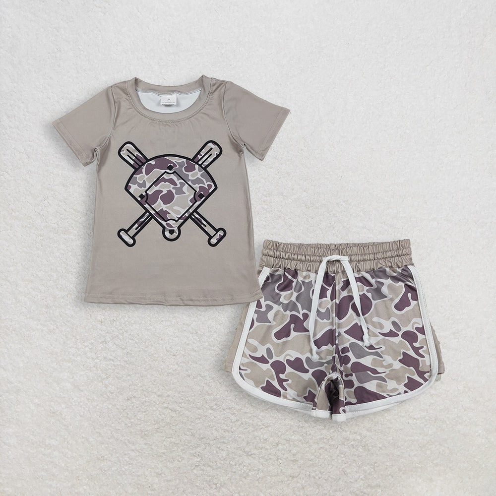 RTS NO MOQ BT1417+SS0738 Baby Boys Grey Camo Baseball Short Sleeve Team T-shirts And Grey Camo Shorts Bottom Set