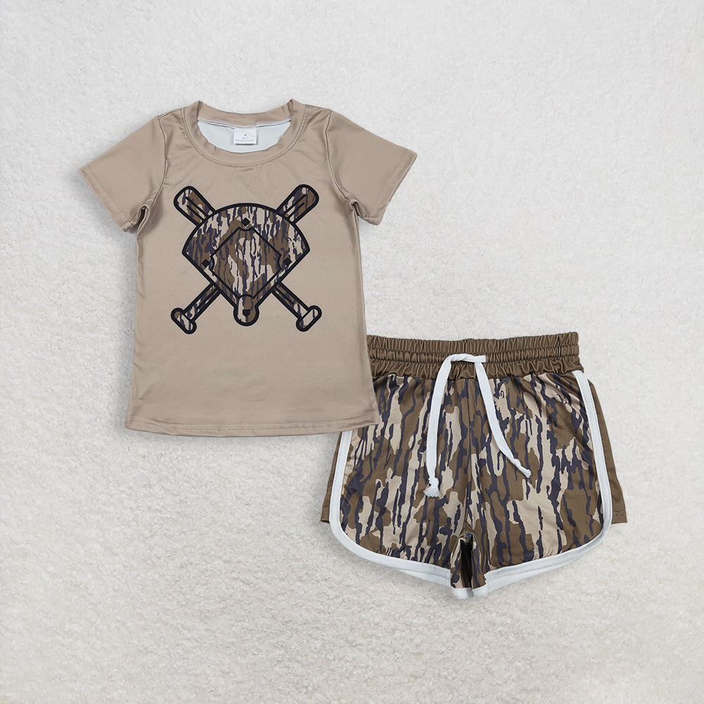 RTS NO MOQ BT1419+SS0739 Baby Boys Olive Camo Short Sleeve Baseball Team T-Shirt And Shorts Set