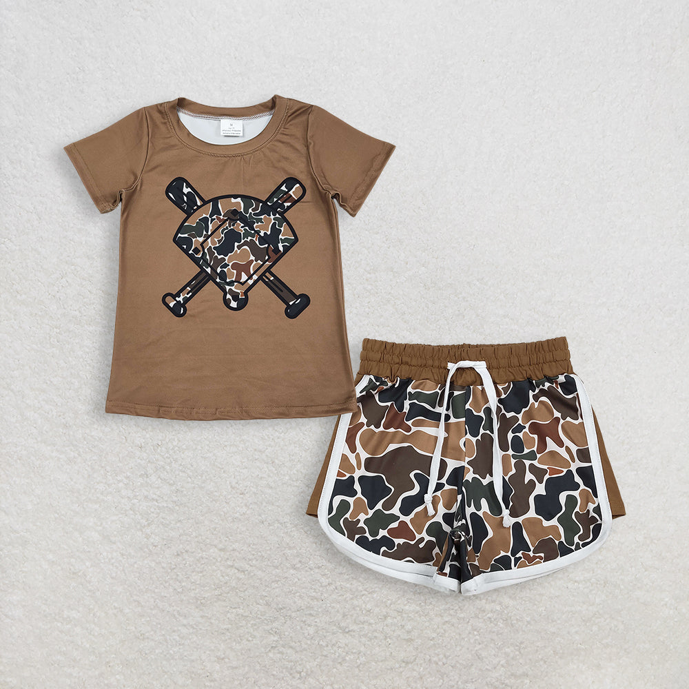 RTS NO MOQ BT1420+SS0742 Baby Boys Dark Brown Camo Short Sleeve Baseball T-Shirt Team Top with Matching Camo Shorts Set