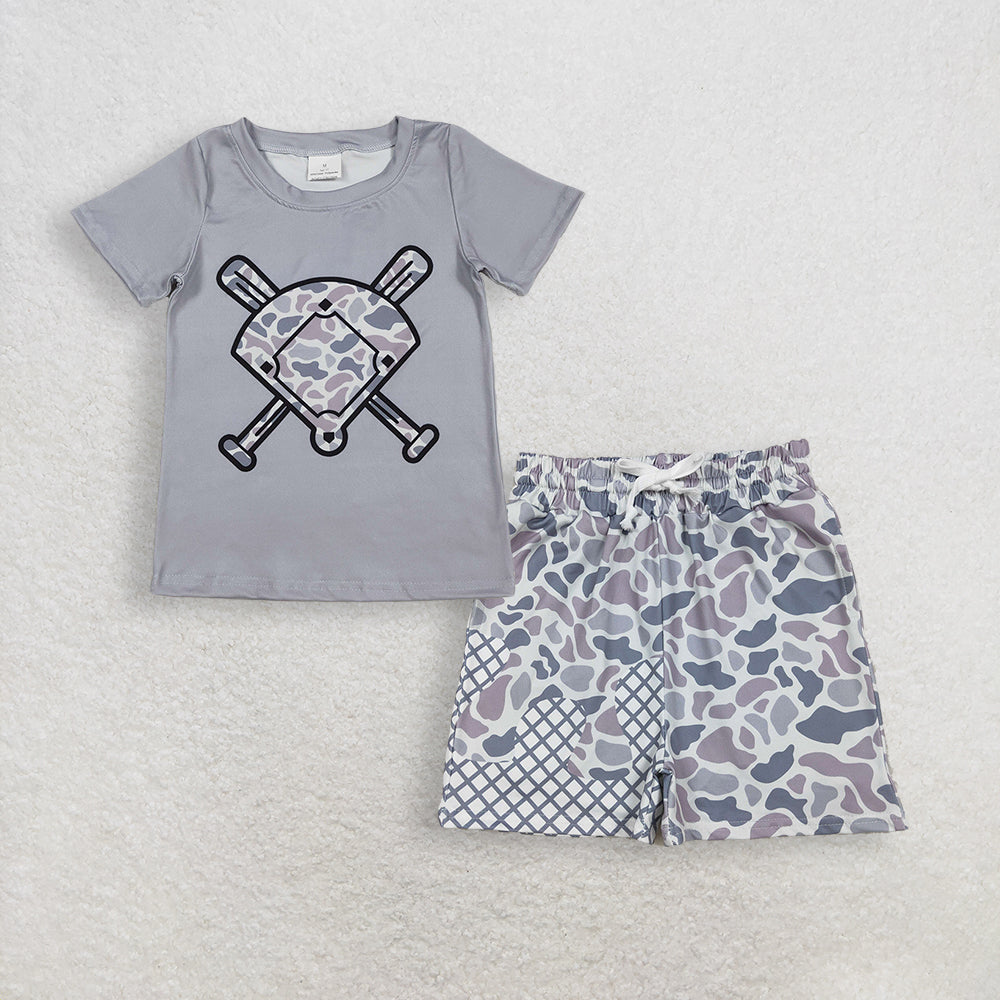 RTS NO MOQ BT1421+SS0647 Baby Boys Light Grey Camo Baseballs Short Sleeve Team T-shirts Top Grey Camo Drip Team Shorts Bottom