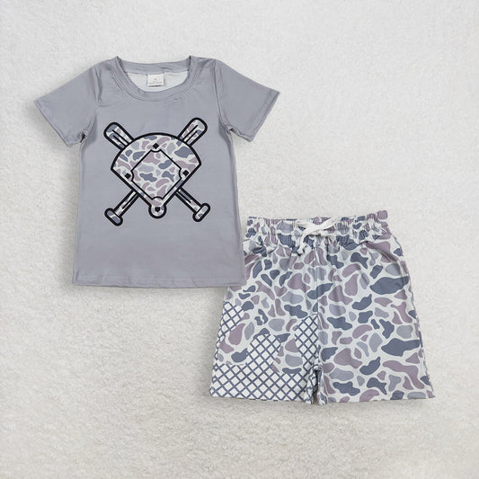 RTS NO MOQ BT1421+SS0647 Baby Boys Light Grey Camo Baseballs Short Sleeve Team T-shirts Top Grey Camo Drip Team Shorts Bottom