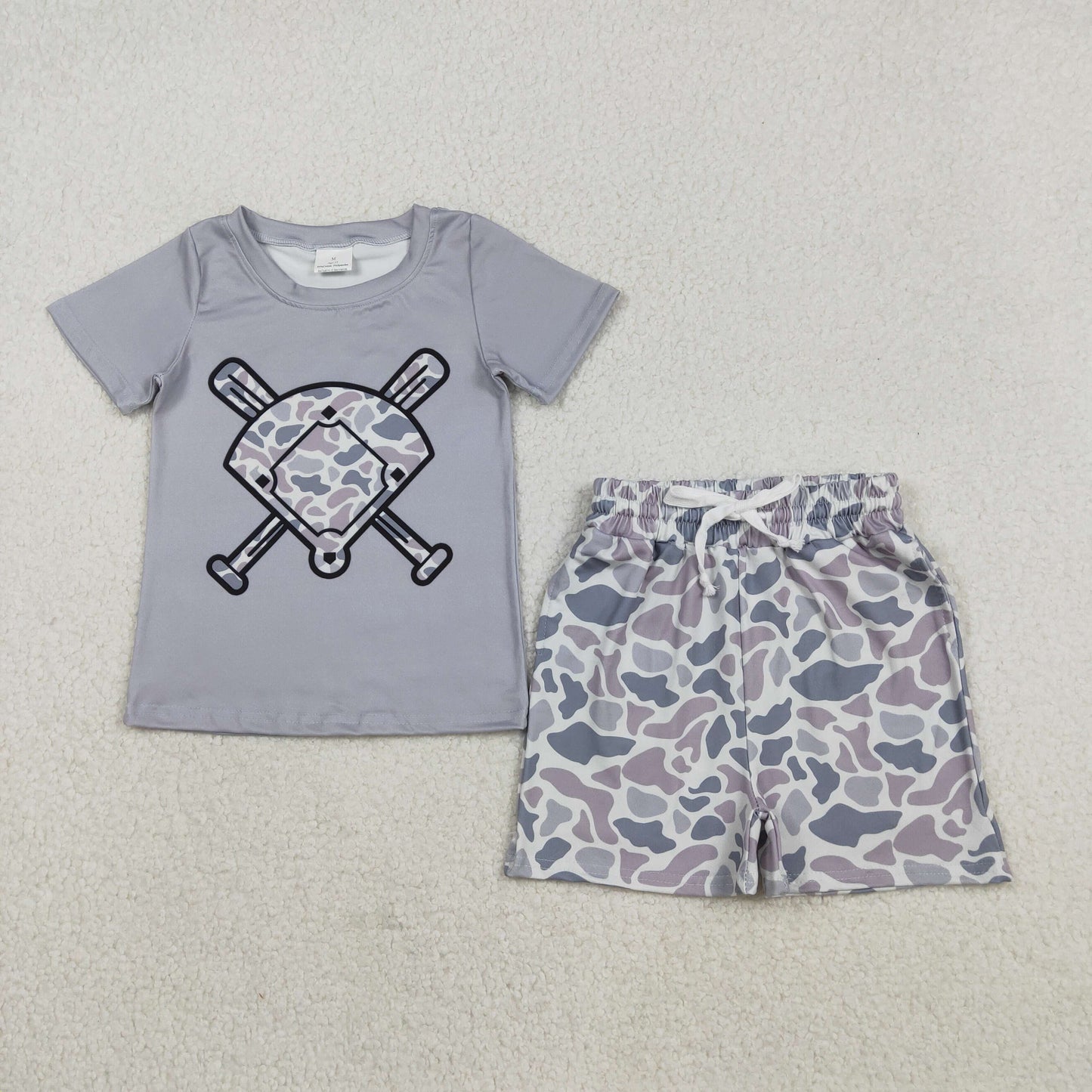 RTS NO MOQ（In Stock) camouflage beige fan-shaped baseball short-sleeved shirt Boys' shorts set-BSSO1589
