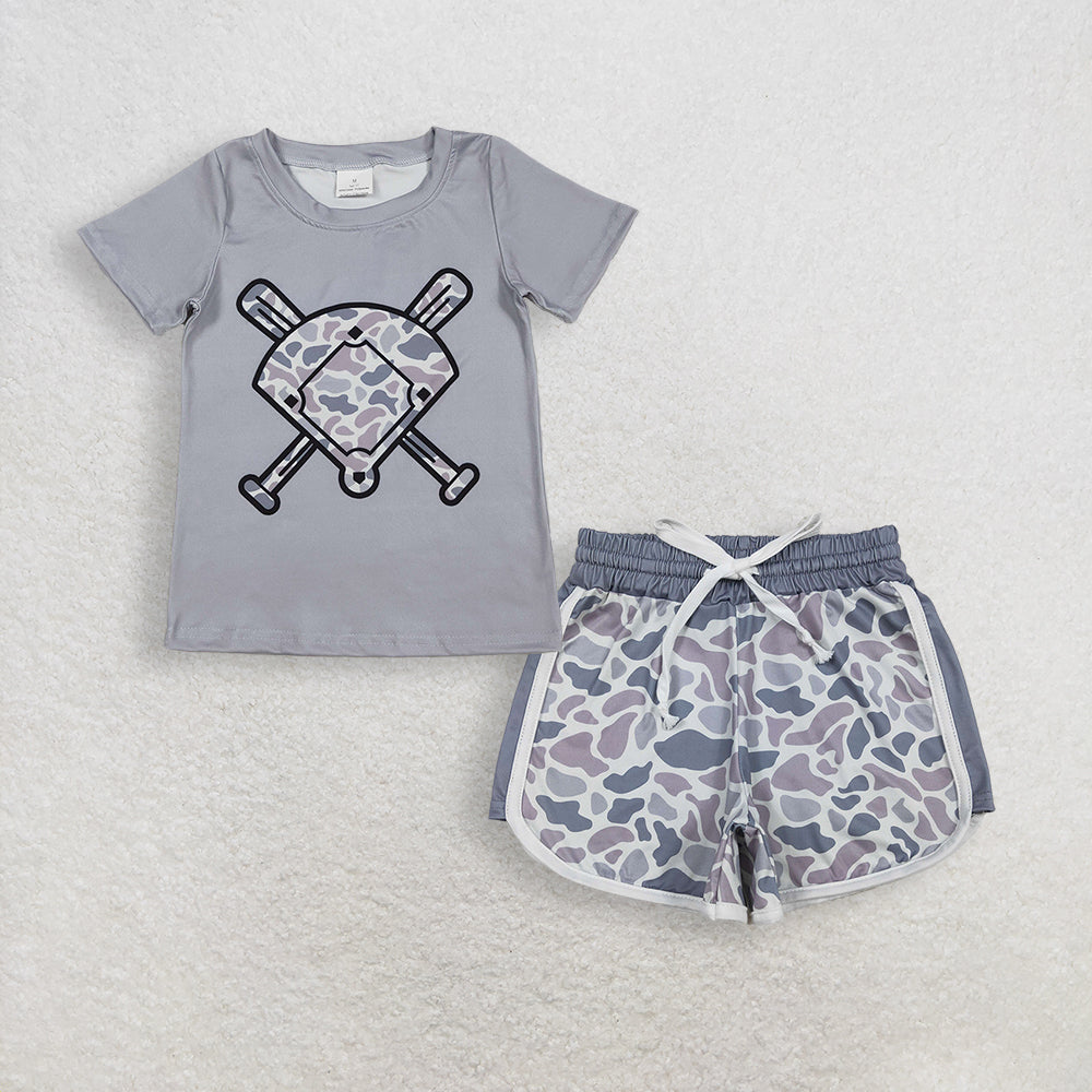 RTS NO MOQ BT1421+SS0740 Baby Boys Light Grey Camo Short Sleeve Team T-shirts Top with Light Grey Camo Shorts Bottom for Infants