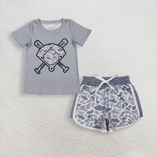 RTS NO MOQ BT1421+SS0740 Baby Boys Light Grey Camo Short Sleeve Team T-shirts Top with Light Grey Camo Shorts Bottom for Infants