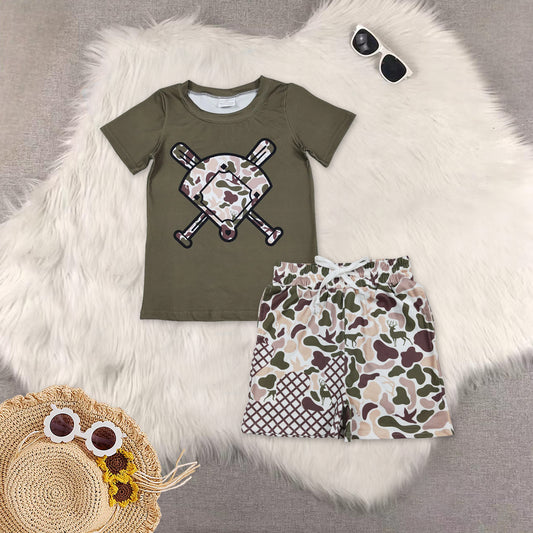 RTS NO MOQ（In Stock) Duck and puppy camouflage fan baseball short-sleeved top shorts set