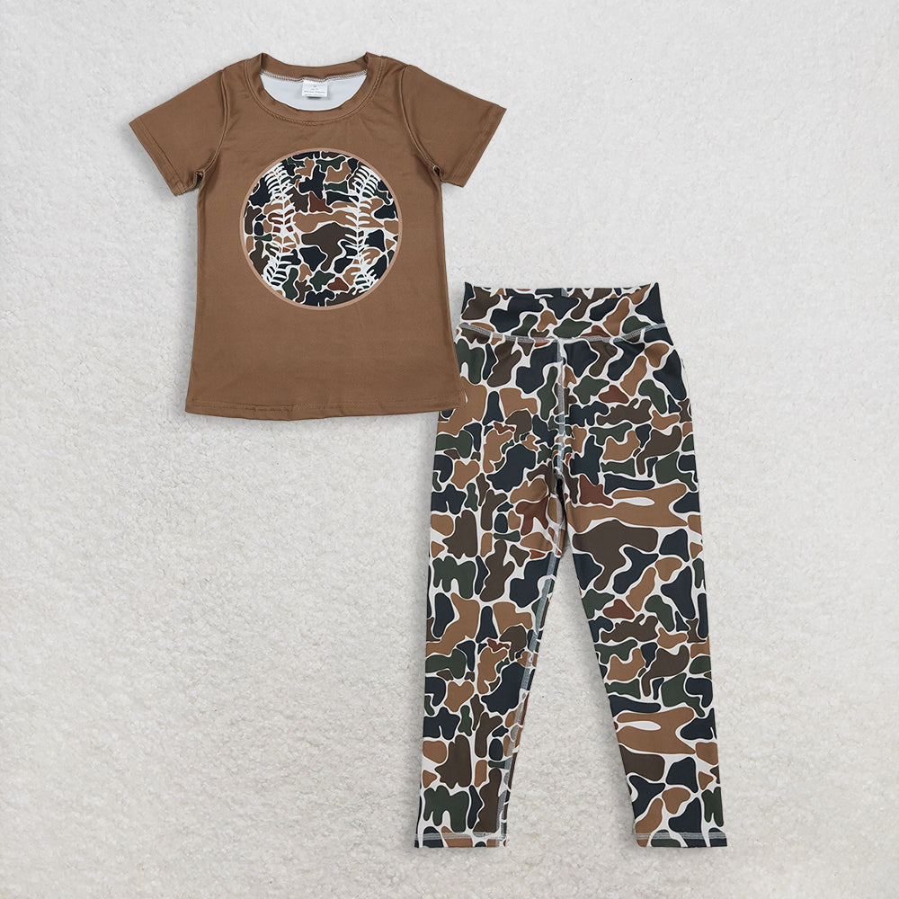 RTS NO MOQ BT1429+P0690 Baby Boys Short Sleeve Brown Camouflage Baseball Team T-Shirt Yoga Active Legging Pants Set