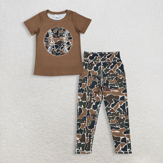 RTS NO MOQ BT1429+P0690 Baby Boys Short Sleeve Brown Camouflage Baseball Team T-Shirt Yoga Active Legging Pants Set