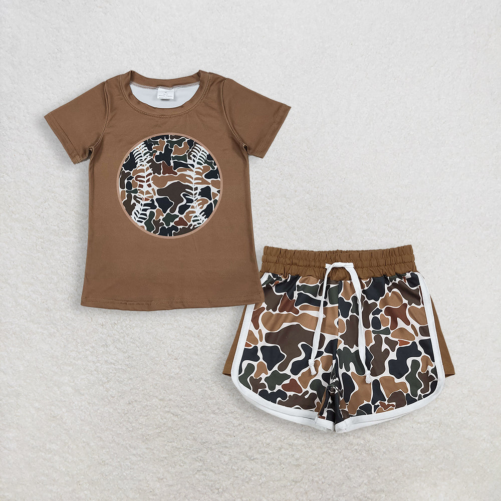RTS NO MOQ BT1429+SS0742 Baby Boys Short Sleeve Brown Camo Baseballs Team T-shirts Top with Matching Camo Shorts Set