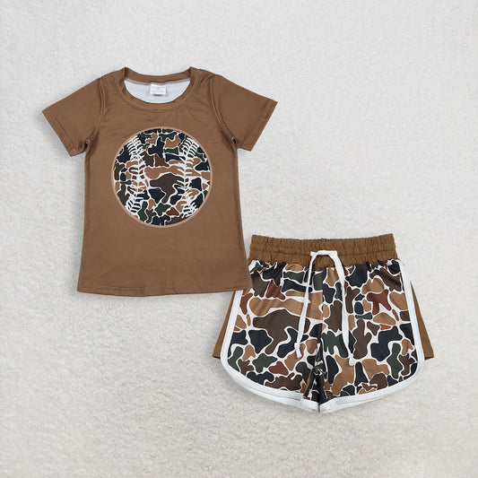 RTS NO MOQ BT1429+SS0742 Baby Boys Short Sleeve Brown Camo Baseballs Team T-shirts Top with Matching Camo Shorts Set