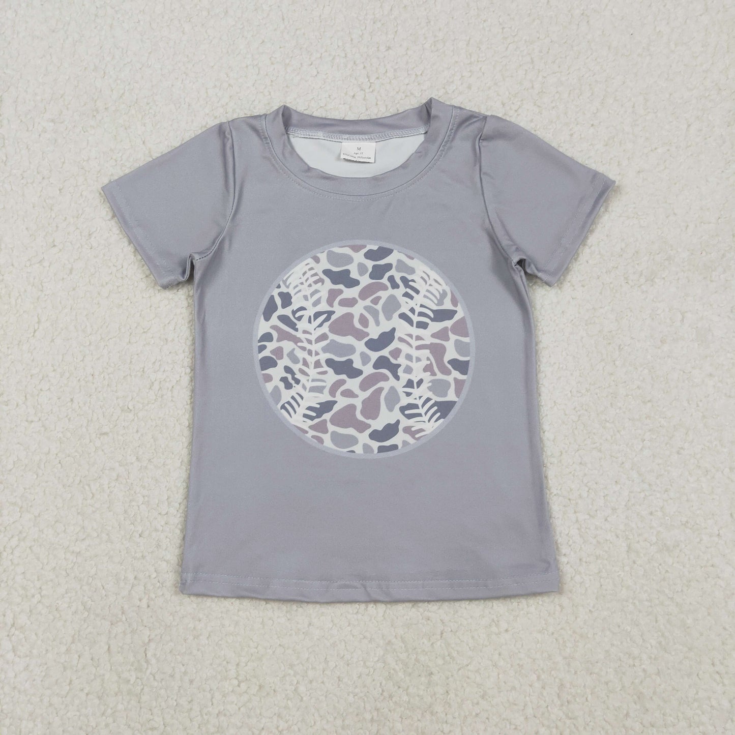 RTS NO MOQ BT1430+SS0647 Baby Boys Short Sleeve Light Grey Camo Baseballs Team T-shirts Top Grey Camo Drip Team Shorts Bottom