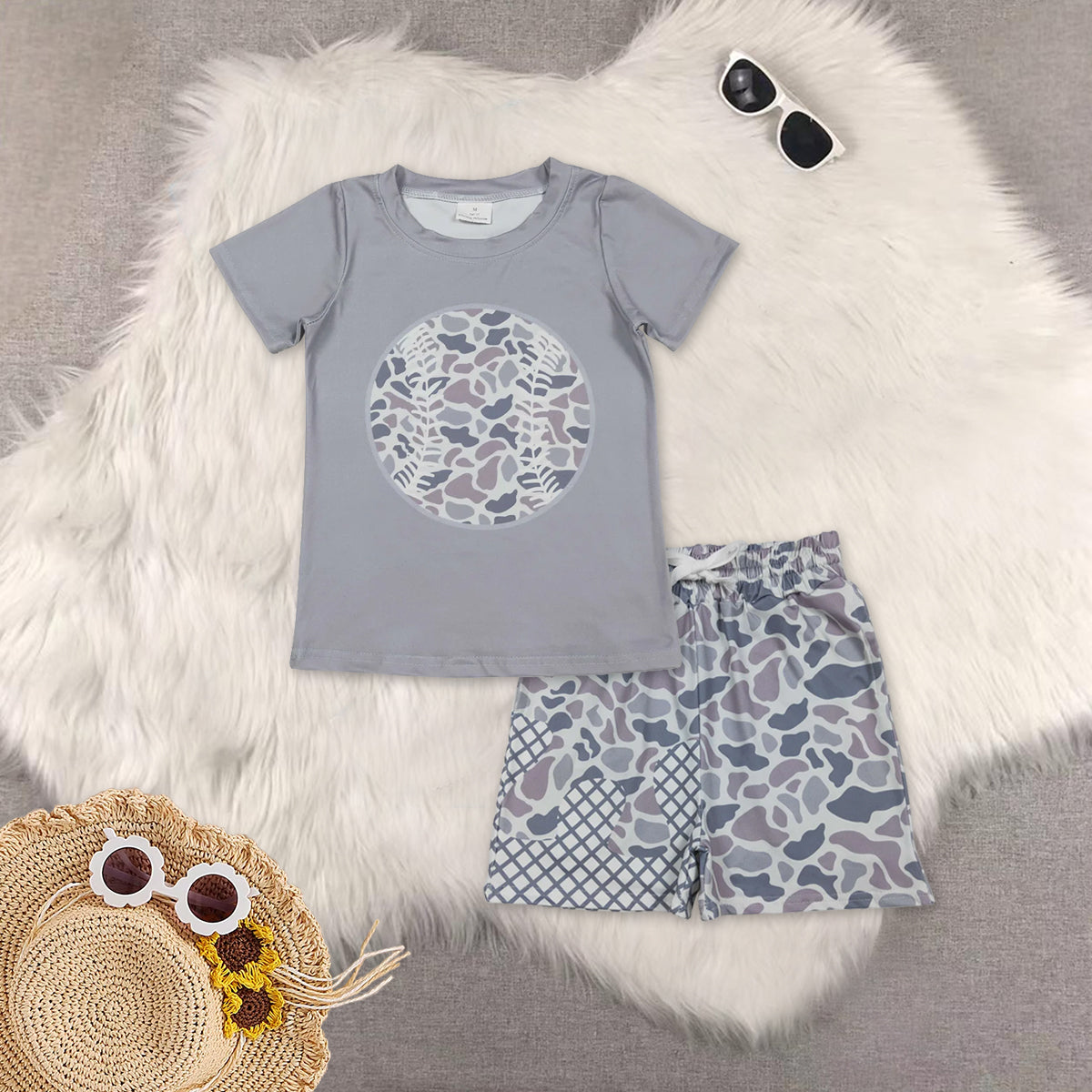 RTS NO MOQ（In Stock) Gray-Blue Camouflage Baseball Short-Sleeve Shirt shorts set