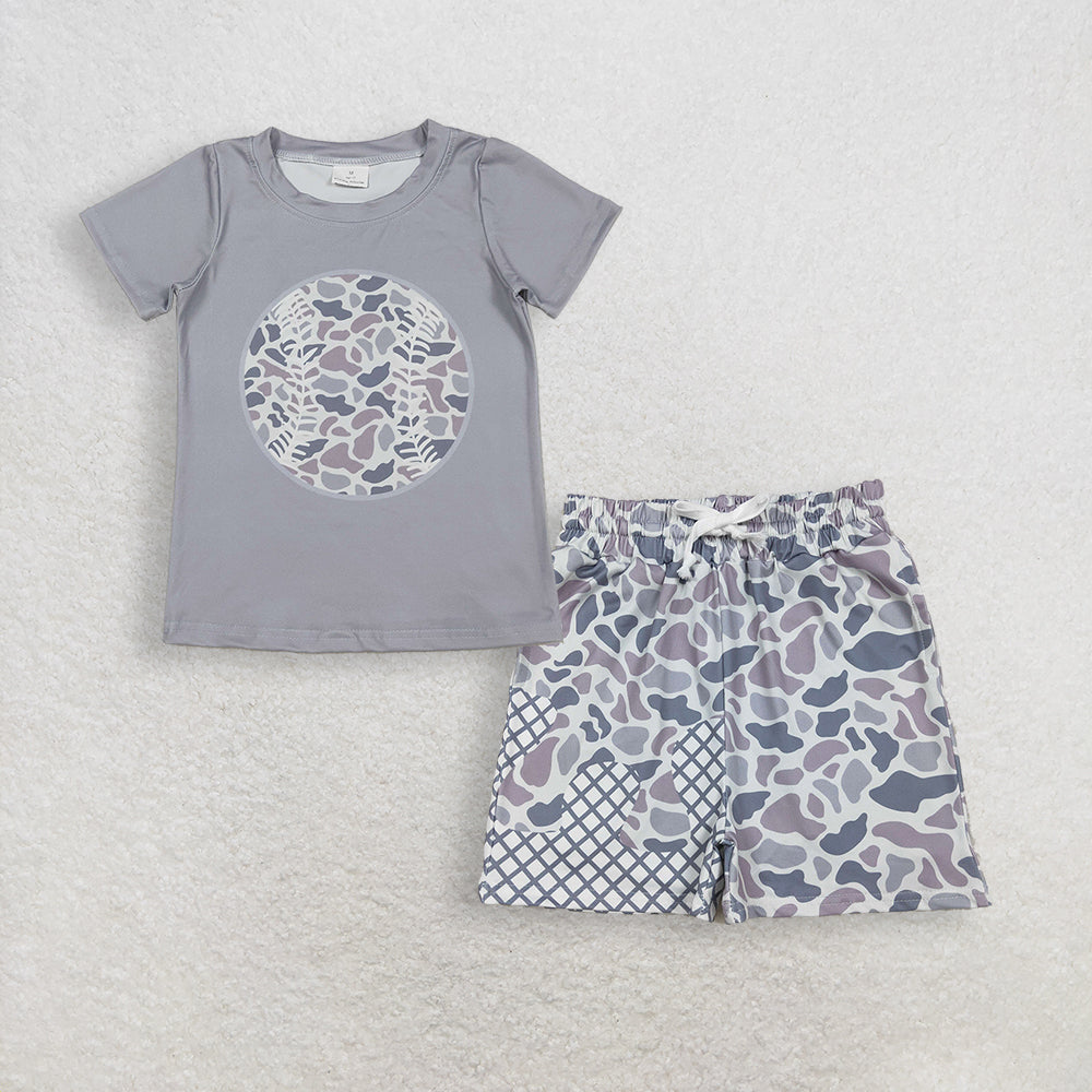 RTS NO MOQ BT1430+SS0647 Baby Boys Short Sleeve Light Grey Camo Baseballs Team T-shirts Top Grey Camo Drip Team Shorts Bottom
