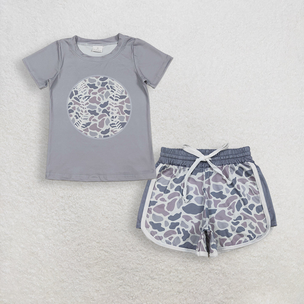 RTS NO MOQ BT1430+SS0740 Baby Boys Light Grey Camo Short Sleeve T-shirt And Shorts Set