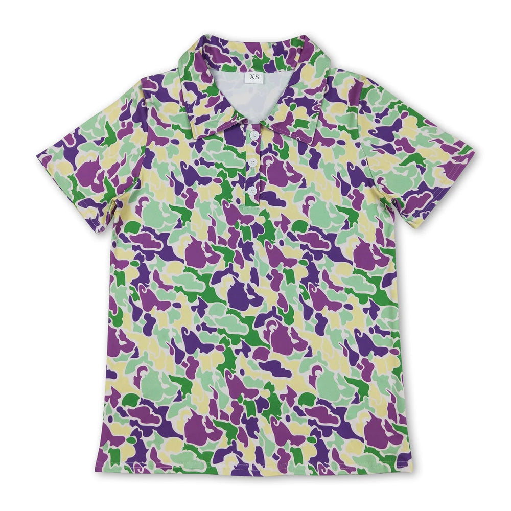 RTS NO MOQ Sibling milk silk Adult Men Camo Print Short Sleeve Button Polo Shirt Casual Top
