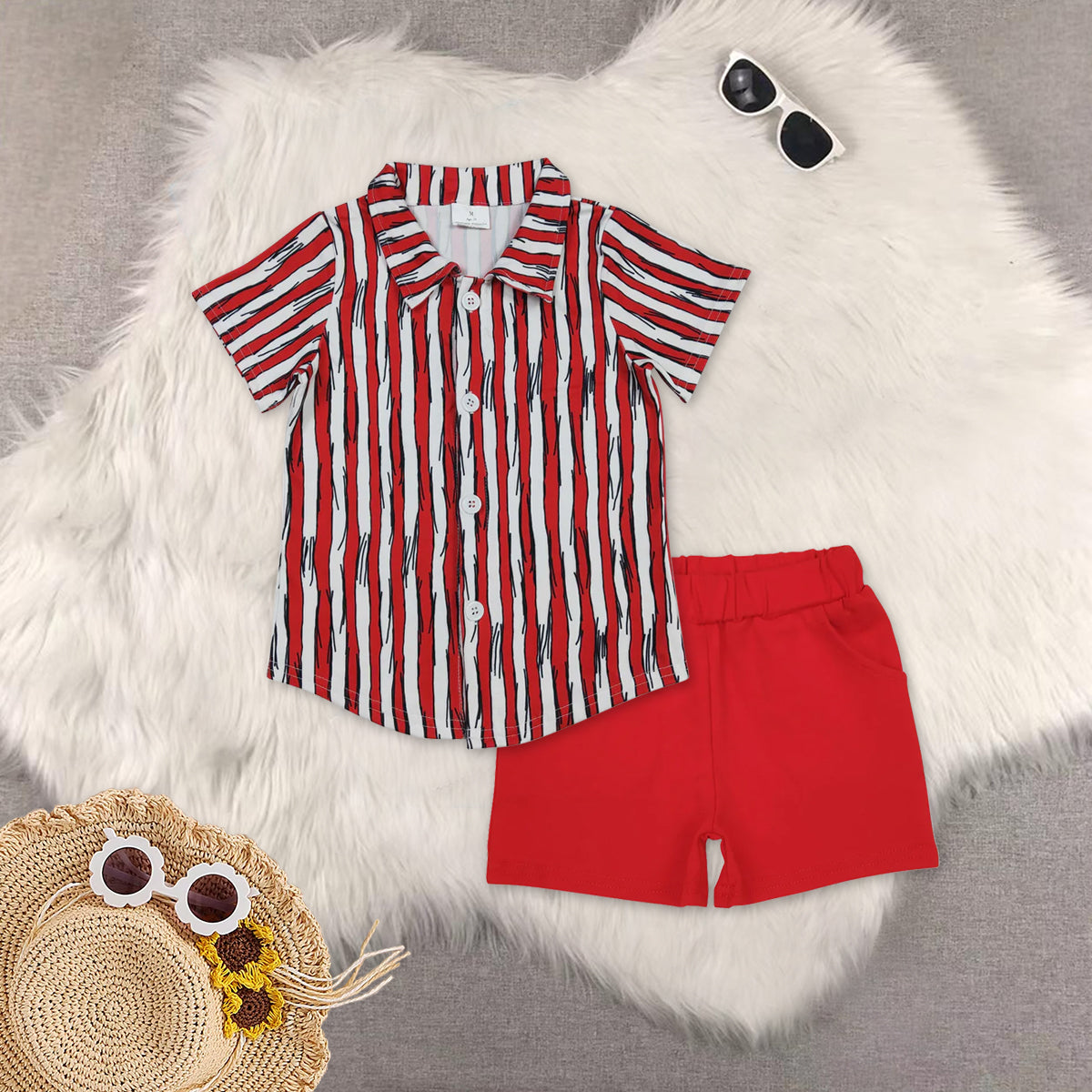 RTS NO MOQ（In Stock)  baby boy clothes short-sleeved top red shorts sets