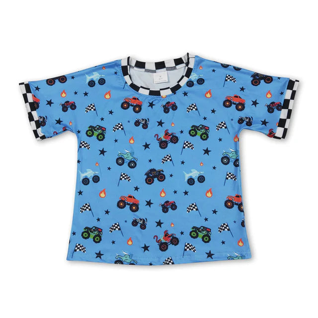 RTS NO MOQ milk silk BT1496+P0950 Baby Boys Blue Short Sleeve Motor Cars Flags 4th of July T-shirts Top Pant Set
