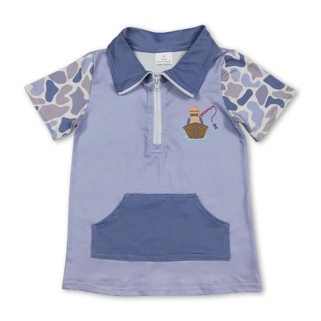 RTS NO MOQ Sibling milk silk Camo Dog Fishing Print Baby Boys Zipper Pocket Hunting Pullover Tops