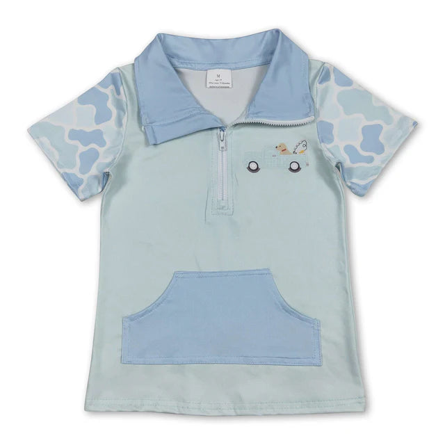 RTS NO MOQ Sibling milk silk Camo Dog Fishing Print Baby Boys Zipper Pocket Hunting Pullover Tops