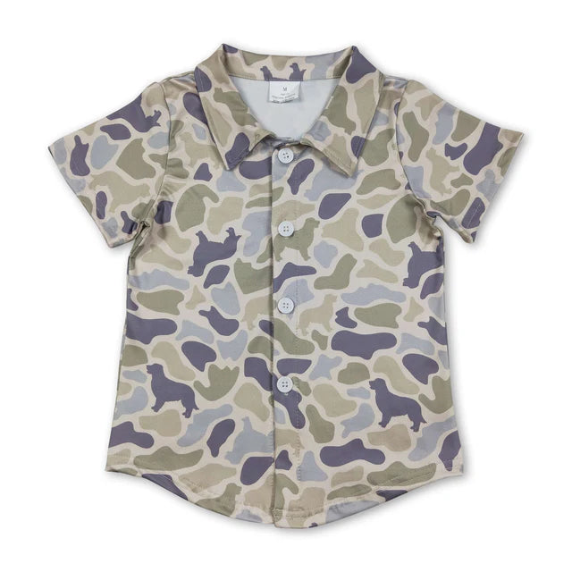 RTS NO MOQ Sibling milk silk Baby Boys Camo Print Casual Button Down Shirts Top