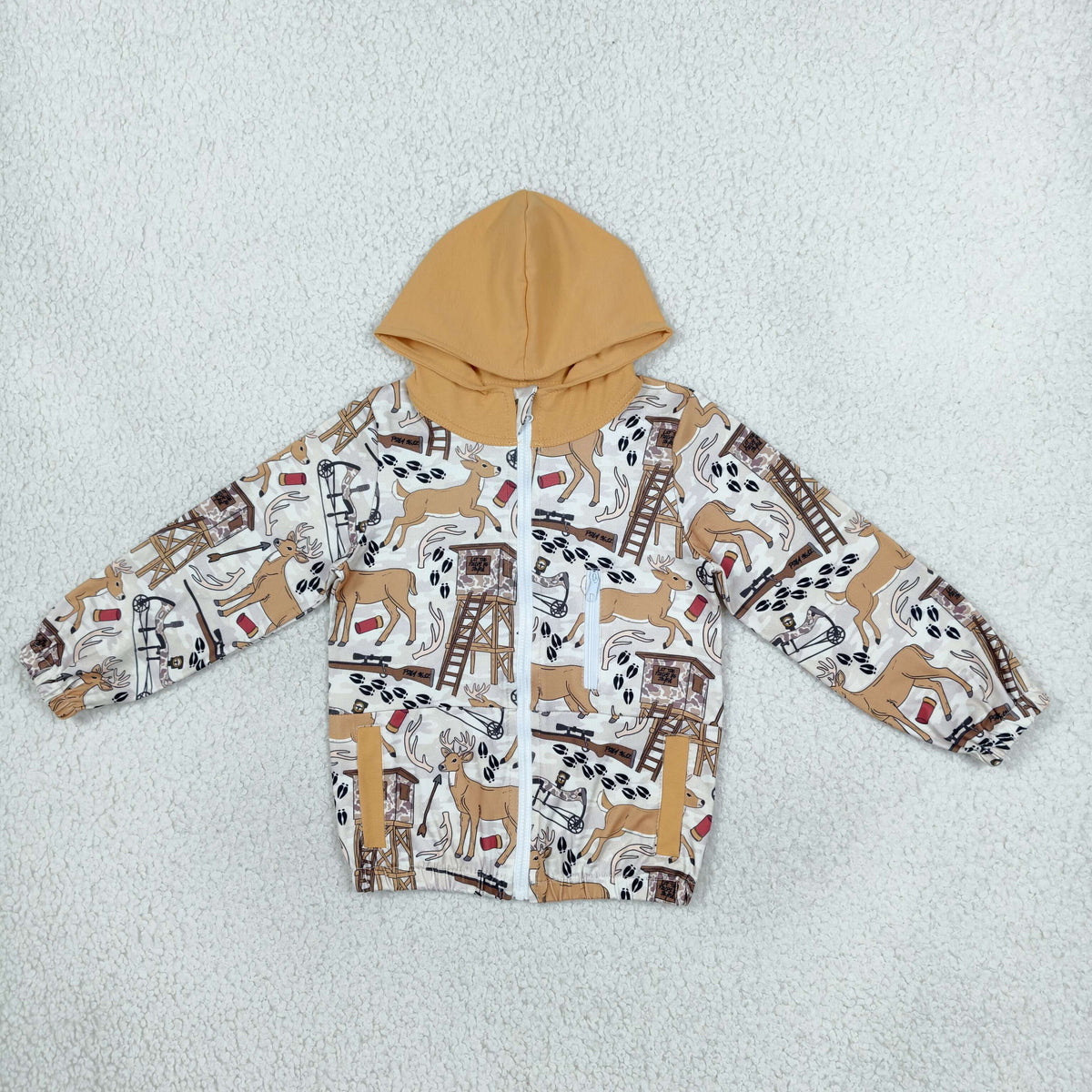NEW RTS NO MOQ milk silk BT1567 Baby Boys Khaki Deer Zipper Pockets Hoodie Jacket Top