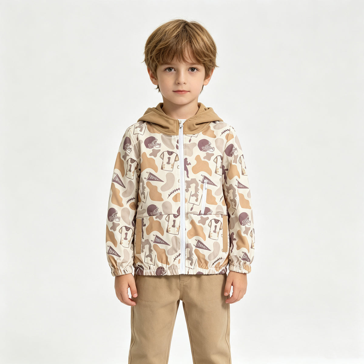 (Sample) No moq milk silk BT1570 Baby Boys Long Sleeve Khaki Camo Football Hunting Full Zip Hooded Outerwear With Pockets