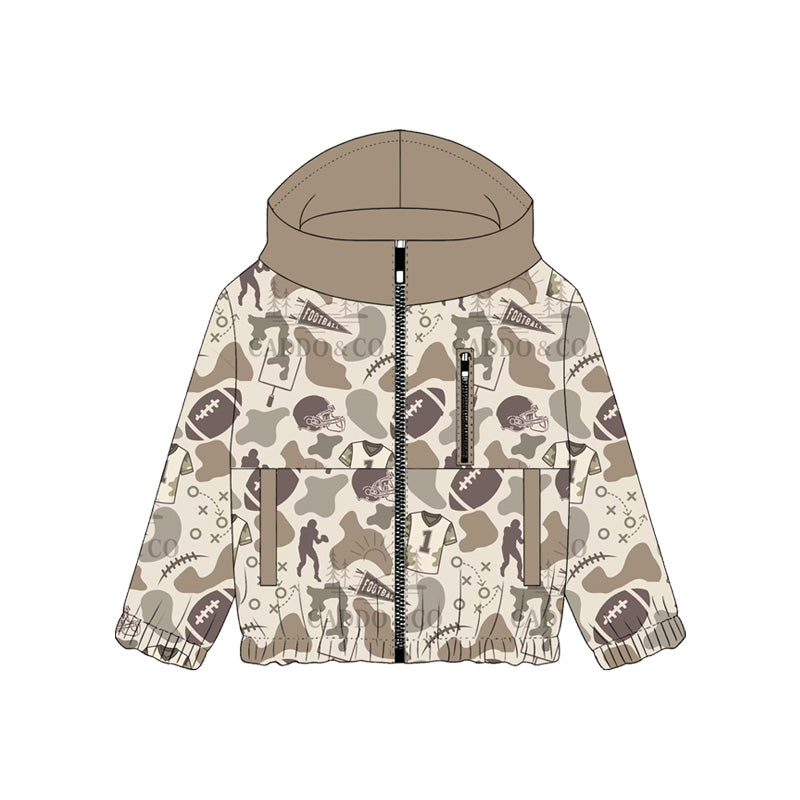 (Pre Order) No moq BT1570 Baby Boys Long Sleeve Khaki Camo Football Hunting Full Zip Hooded Outerwear With Pockets