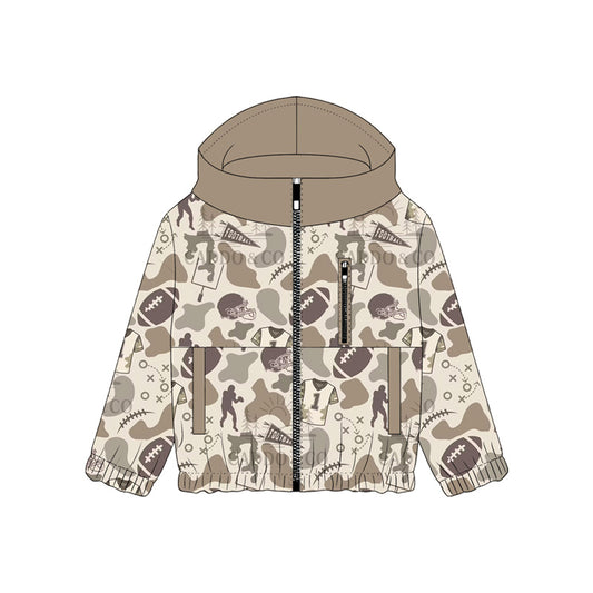 (Pre Order) No moq BT1570 Baby Boys Long Sleeve Khaki Camo Football Hunting Full Zip Hooded Outerwear With Pockets