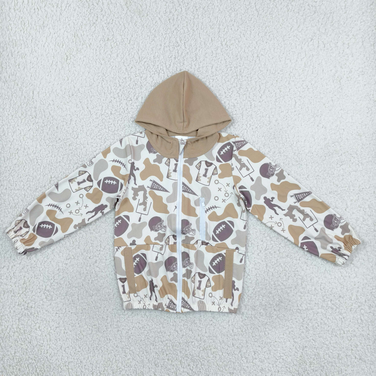 NEW RTS NO MOQ milk silk BT1570 Baby Boys Khaki Camo Football Team Zip Up Hooded Jacket Pockets Daily Wear Top