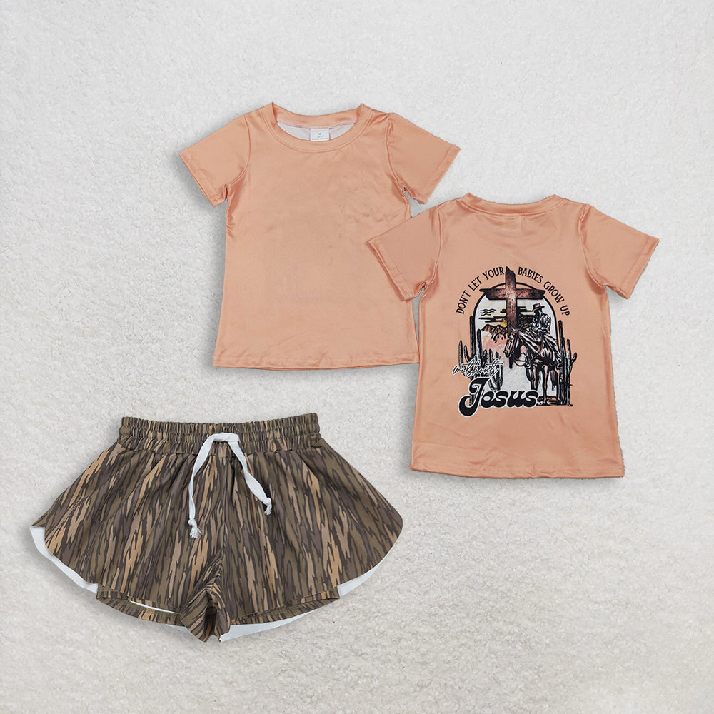 RTS NO MOQ BT1618+SS0771 Boys Short Sleeve Horse Rodeos Western T-shirts Top Girls Olive Camo Yoga Active Ruffle Shorts Bottom Set