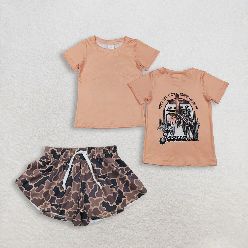 RTS NO MOQ BT1618+SS0772 Boys Short Sleeve Horse Rodeos Western T-shirts Top Baby Girls Brown Camo Yoga Active Ruffle Shorts Bottom