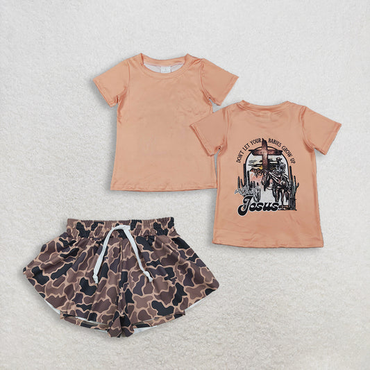 RTS NO MOQ BT1618+SS0772 Boys Short Sleeve Horse Rodeos Western T-shirts Top Baby Girls Brown Camo Yoga Active Ruffle Shorts Bottom